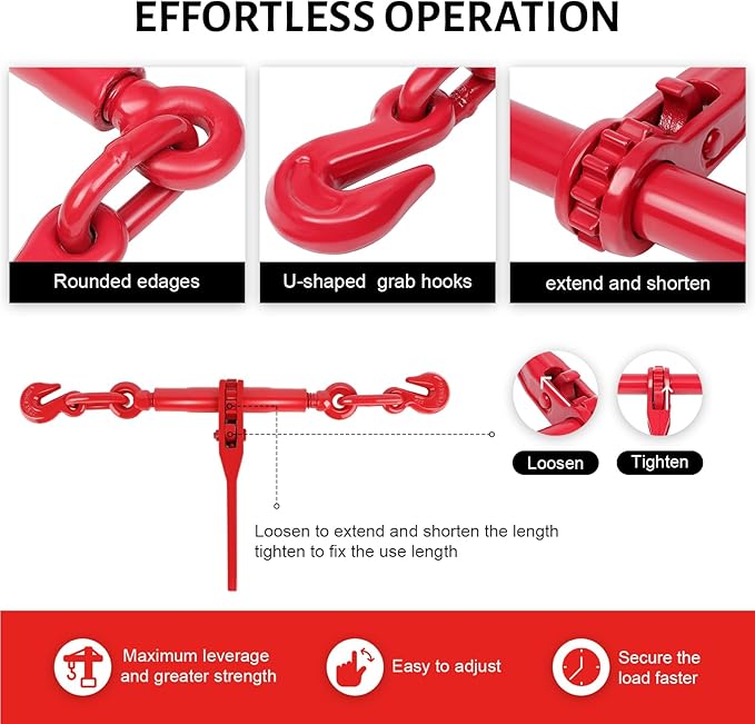 2 Pack Chain Binder, 516 to 38 Inch Chain Binder, Ratchet Binder with 5400LBS Safe Working Load and 19000LBS Breaking Strength, Load Binder for Industrial Agricultural Traction Applications