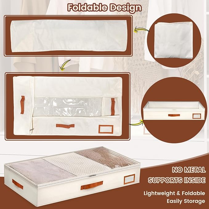 2pcs Under Bed Storage Containers, 58L Under Couch Storage Bins Organization Foldable Underbed Storage Bags for Clothing, Blankets, Towels, Comforter, Sweaters, Linen Sheets (M)