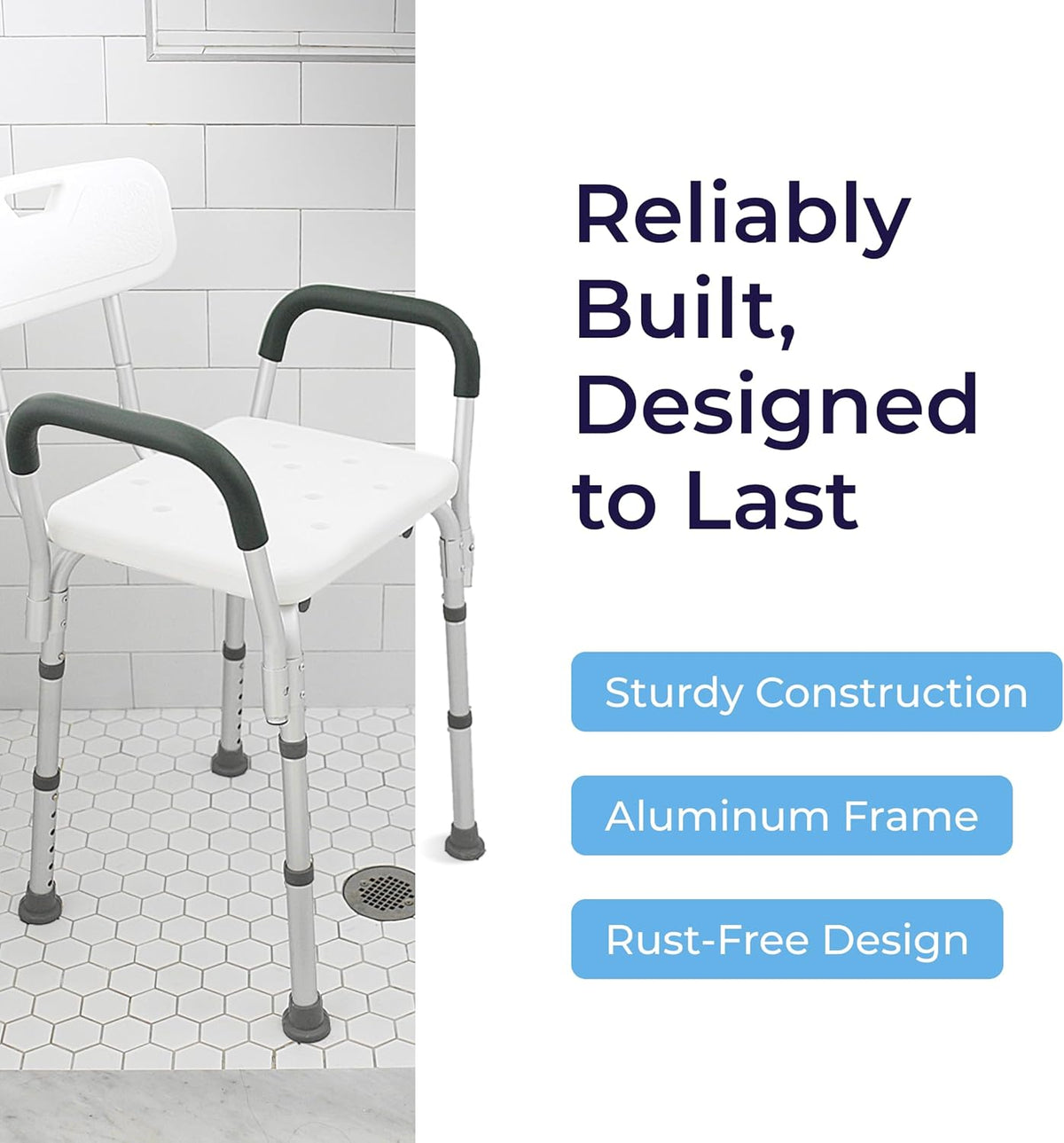 Drive Medical Shower Chair with Back & Padded Arms - Adjustable Height Bath Seat for Safety & Comfort - Lightweight Aluminum Construction- 350 Lb Capacity - White