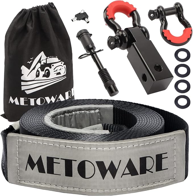 METOWARE Tow Strap Recovery Kit, 3" x 20ft (35,000lbs) Capacity Recovery Strap, 3/4" D Ring Shackles(2pcs) + 2" Shackle Hitch Receiver + 5/8" Hitch Lock + Storage Bag, Emergency Off Road Towing Rope