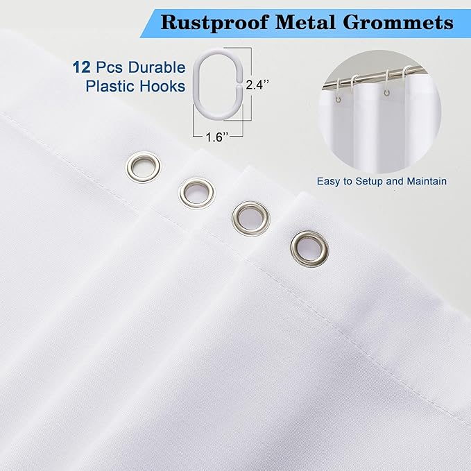 OVZME Zora White Shower Curtain, Fabric Shower Curtain for Bathroom - Soft Cloth Hotel Spa Quality, Water Repellent Bath Decor, Washable Shower Curtain Set with 12 Hooks, Grommets Top, 72Wx72L