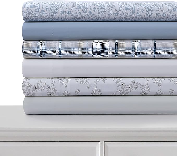 Tribeca Living Cotton Percale California King Size Bed Sheet Set, 300 Thread Count, Extra Deep Pockets, Printed Danielle Paisley Blue