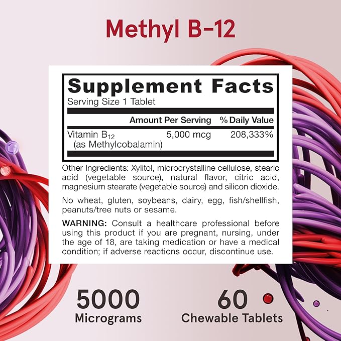Jarrow Formulas Vitamin B12 5000 mcg - Maximum Strength for Cellular Energy and Brain Health, 60 Cherry Chewable Tablets, B12 Vitamins 5000 mcg