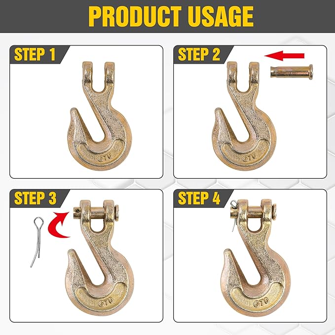 5/16" Clevis Grab Hooks (4 Pack) Heavy Duty Chain Hook for 5/16 Inch Grade 70 Chain Forged Alloy Steel- for Trailer Truck Transport - Yellow Chromate Finish - 5,400 lbs