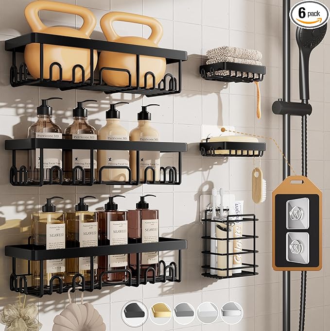 Veken Stainless Steel Shower Caddy 6-Pack, No Drilling Rustproof, Waterproof Adhesive Shelves Rack with Soap Holder, Large Capacity Bathroom Organizers and Storage, Wall-Mounted Kitchen Home Decor