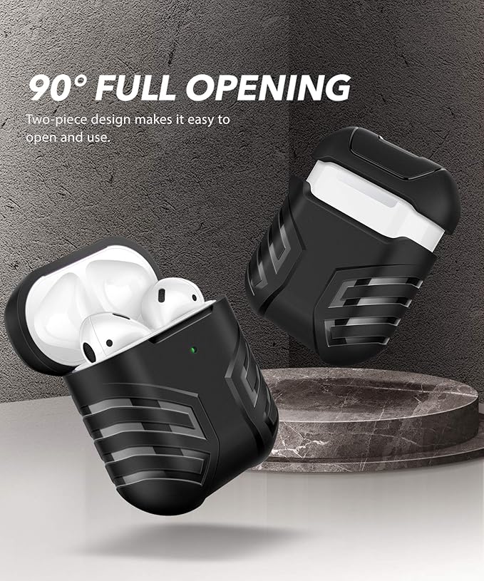 MOBOSI Military Cover Designed for AirPods 2 1, Full-Body Protective Vanguard Armor Series Case with Keychain, Wireless Charging Case, Black Front LED Visible