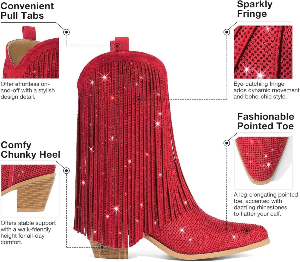 Rollda Rhinestone Cowboy Boots for Women, Sparkly Cowgirl Boots with Pointed Toe, Fringe Womens Western Boots Chunky Heel for Concert Dancing Party Music Festivals