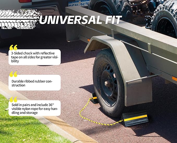 MaxxHaul 50019 Heavy Duty 3-Sided Rubber Wheel Chock with Yellow Reflective Strips and Nylon Rope and Non-Slip Base - 1 Pair