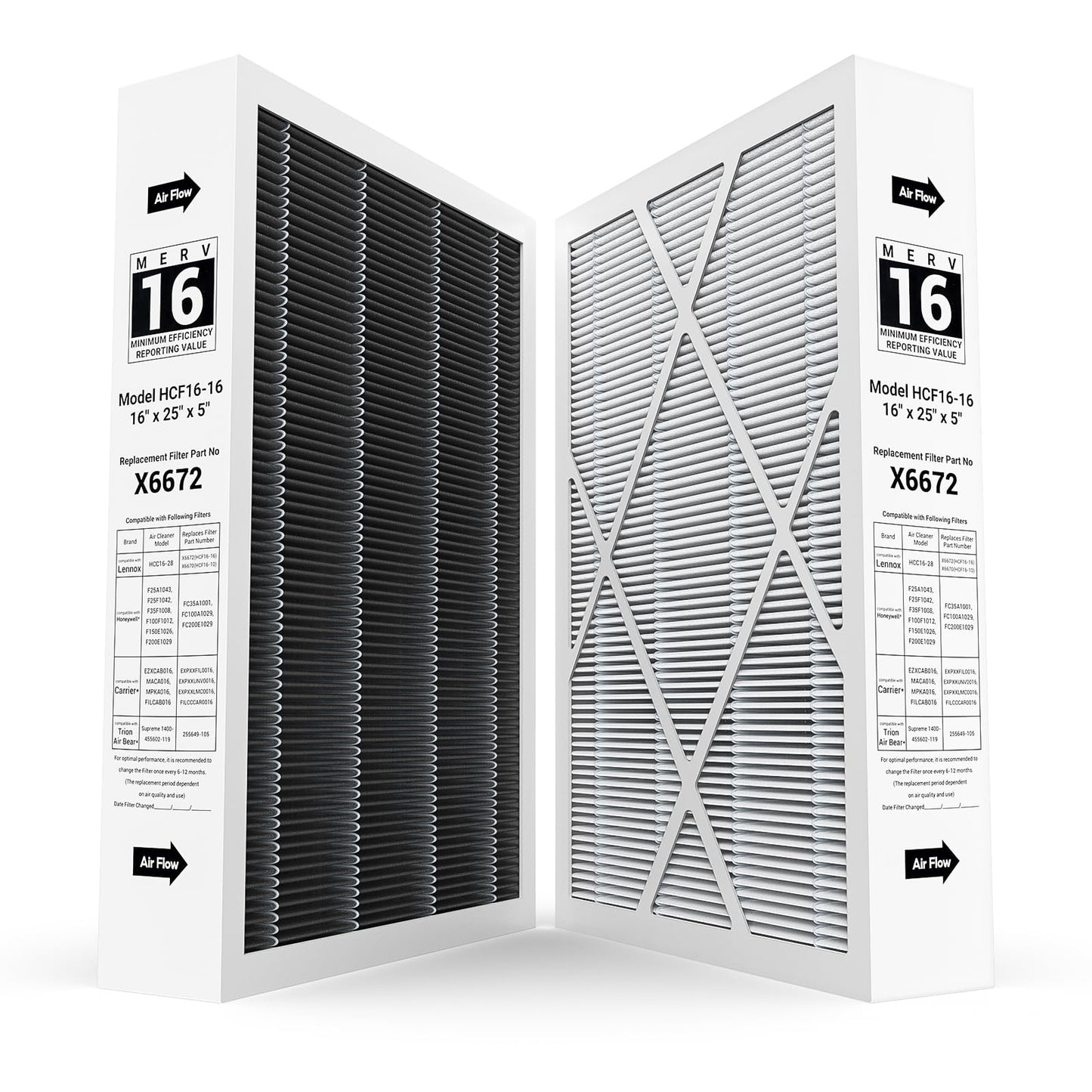 2-pack 6672 16X25X5 MERV 16 Filter Compatible with Lennox 16X25X5 and Lennox HCC16-28 Healthy Climate Carbon Clean MERV 16 Home Furnace Filter for HVAC System, Part # HCF16-16, HCF16-10