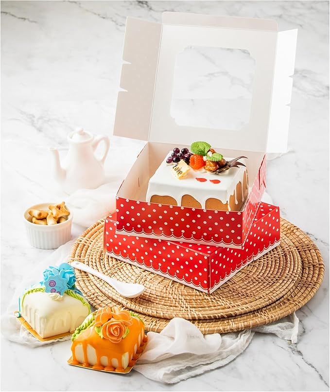 20 Pack Bakery Boxes with Window Small 6x6x2 inch for Cookie, Candy, Pastry, Brownie, Chiffon Cake, Tart, Pie, Waffle (Red-Polka Dot)