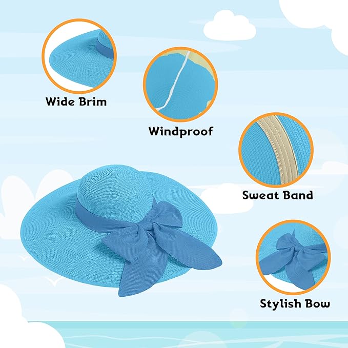 Women's Wide Brim UPF 50+ Straw Sun Hat with Bow - Foldable Packable Summer Beach Hat with Chin Strap