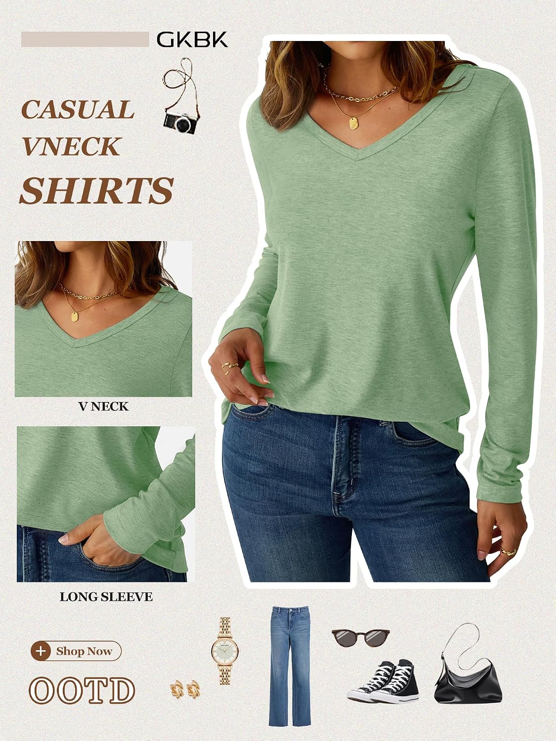 GKBK V Neck Long Sleeve Shirts for Women Soft Basic Tees Spring Casual Tops Trendy Everyday Wear .