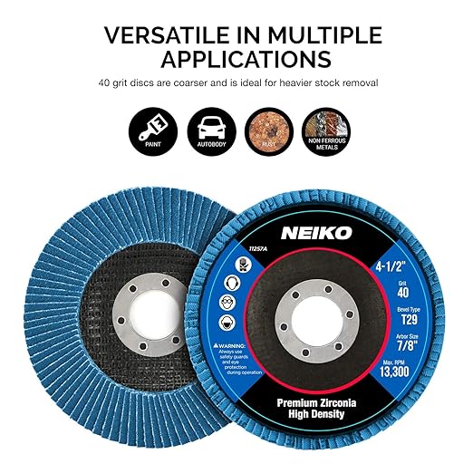 NEIKO 11257A High Density Jumbo Premium Zirconia Flap Disc | 4.5" x 7/8-Inch, 40 Grit, Bevel Type #29-10 Pack