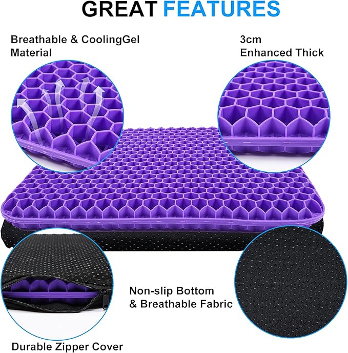 Yimiyaa Gel Seat Cushion, Double Thick Egg Gel Cushion for Pressure Pain Relief, Breathable Wheelchair Cushion Chair Pads for Car Seat Office Chair Purple and Black