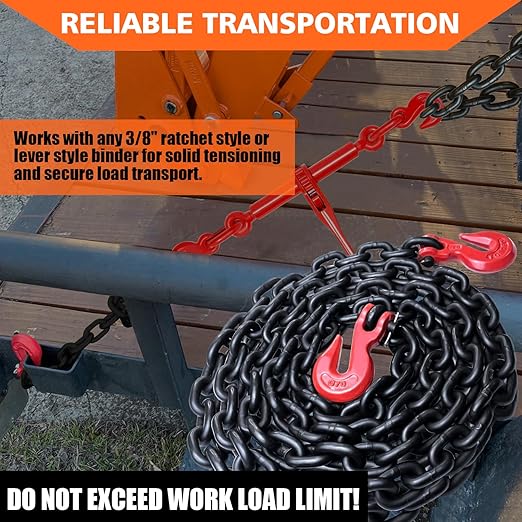 G80 BinderSafety Chain 38 Inch x 20 Foot Transport Binder Chain with Clevis Grab Hooks 7,100 lbs Safe Working Load Logging Chain for Transporting Towing Tie Down Binding Equipment