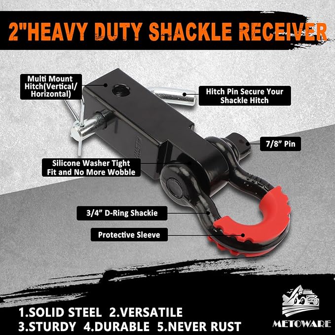 METOWARE Tow Strap Recovery Kit, 3" x 20ft (35,000lbs) Capacity Recovery Strap, 3/4" D Ring Shackles(2pcs) + 2" Shackle Hitch Receiver + 5/8" Hitch Lock + Storage Bag, Emergency Off Road Towing Rope