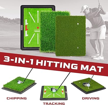 SAPLIZE 3-in-1 Golf Hitting Mat, 3 Replaceable Turfs for Tracing Swing Path, Hitting and Chipping Training, 13"X17" with Heavy Duty Base, Golf Practice Mat, Golf Training Mat