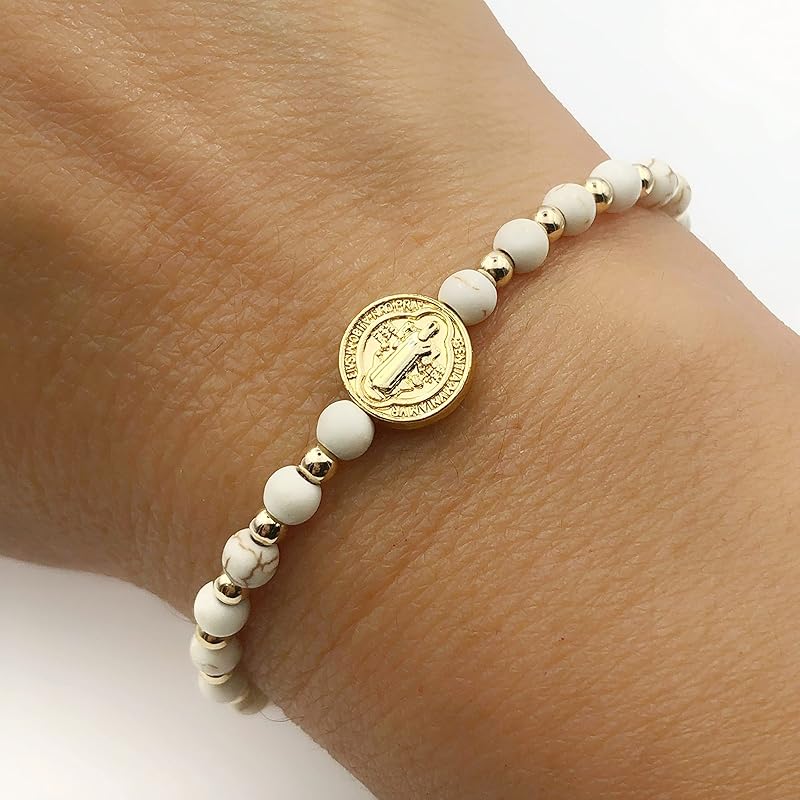 St Benedict Coin and Natural Round White Turquoise Beads Adjustable Bracelet for Women (Beige)