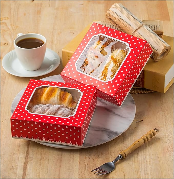 20 Pack Bakery Boxes with Window Small 6x6x2 inch for Cookie, Candy, Pastry, Brownie, Chiffon Cake, Tart, Pie, Waffle (Red-Polka Dot)