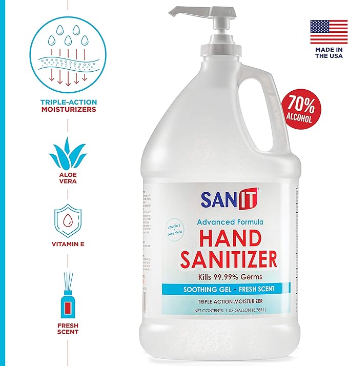 Sanit Moisturizing Hand Sanitizer Gel 70 Ethyl Alcohol - Kills 99.99 Germs, Advanced Formula with Vitamin E and Aloe Vera - Soothing Gel, Fresh Scent, Made in USA - 1 Gallon with Easy to Use Pump