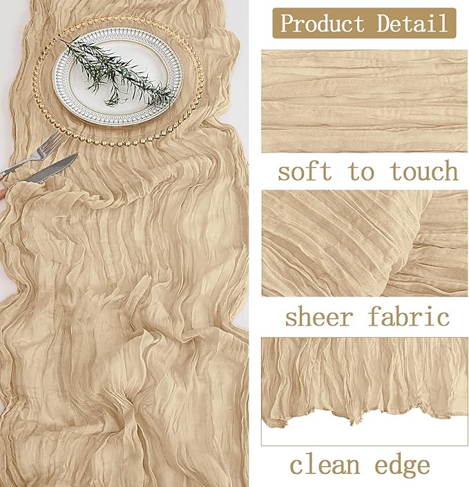 3 Pack Beige Cheesecloth Table Runner 20 x 120 inch Gauze Table Runners 10 FT Long,Semi Sheer Boho Cheese Cloth Fabric Table Runner Bulk for Party,Wedding,Baby Shower,Bridal Shower Decoration