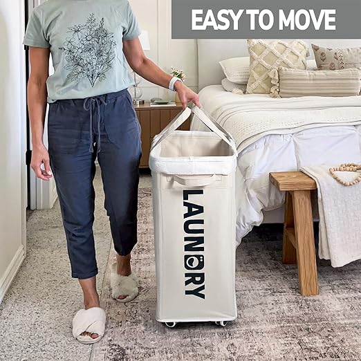 Goodpick Laundry Hamper with Wheels, 75L Collapsible Laundry Basket, Clothes Laundry Basket with Removable Wash Bag for Bedroom, Large Laundry Basket with Handle, White