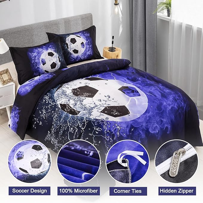 WONGS BEDDING Soccer Duvet Cover Set Twin Sports Blue Flame 3D Printed Soccer Comforter Cover Set with 1 Pillowcase for Kids Boys Soft Microfiber Twin Size 68"x 86"(Not Comforter)