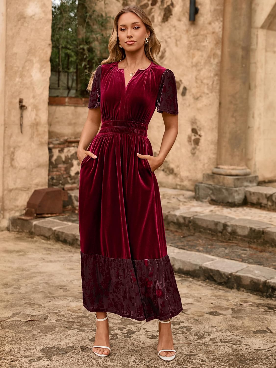 Simplee Women's Formal Velvet Maxi Dress Fall Winter V Neck Floral Short Sleeve Empire Waist Wedding Guest Dresses.