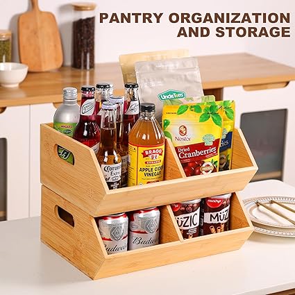 2 Set Bamboo Storage Bins, Pantry Organizers and Storage, Kitchen Countertop Organization and Storage Basket for Produce, Onions, Potatoes, Garlic, Fruits, Vegetable and Bread