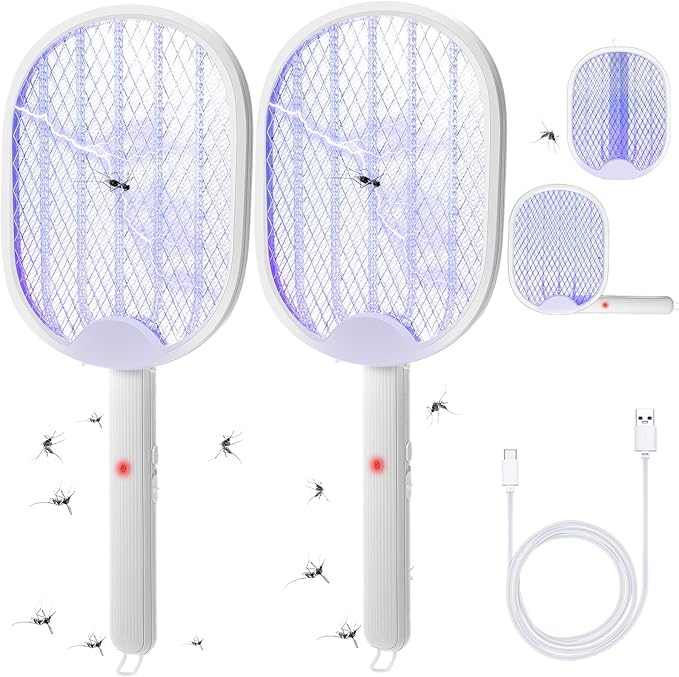 Qualirey Pack of 2 3 in 1 electric fly swatters, foldable, 3000 V, hand mosquito killer with USB rechargeable base, fly swatter and mosquito trap, indoor pendant lamp and