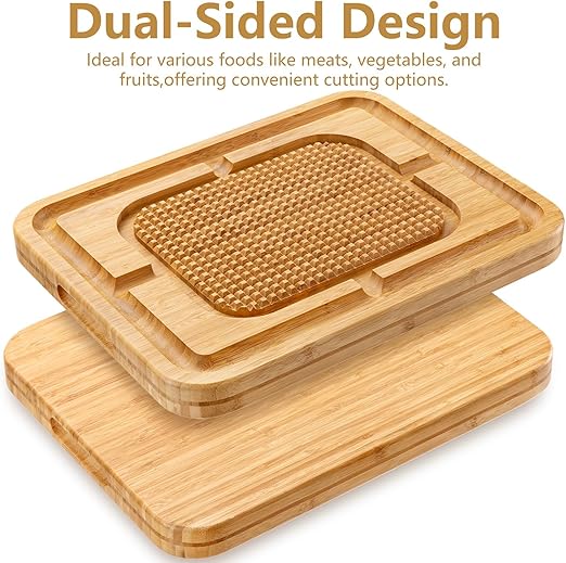 eletecpro Turkey Cutting Board with Grid Grip, Large 17x13x1.5 Inch Bamboo Steak Carving Board, Thick Butcher Block Reversible with Deep Juice Drip Grooves, Thick Serving Tray,Natural