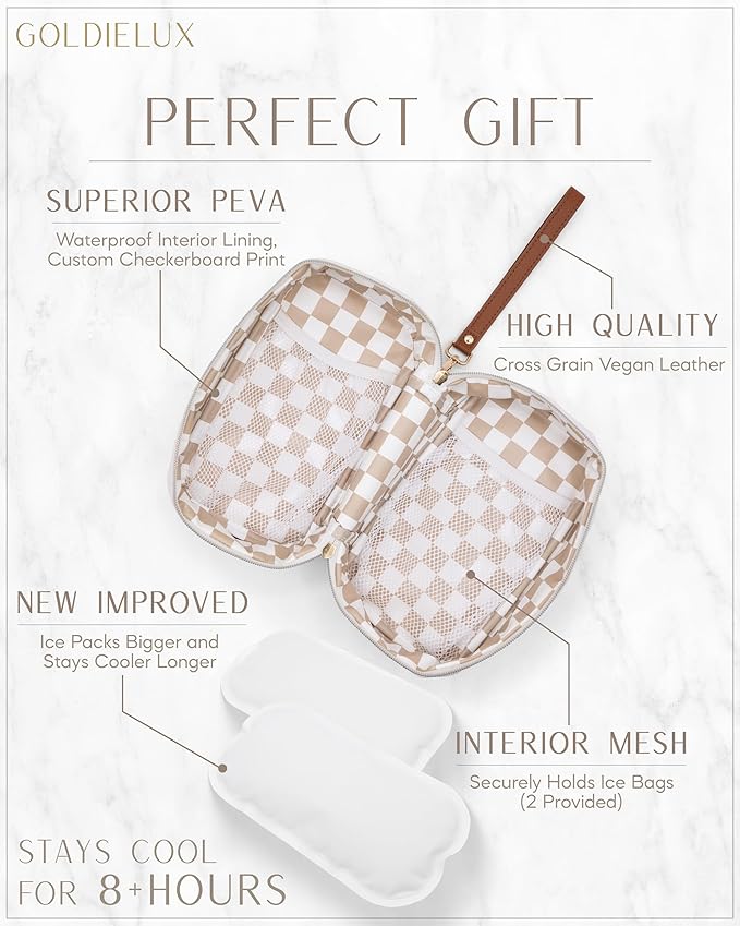 Breast Milk Cooler Travel Bag - Waterproof Breastmilk Storage Bag Cooler w/Ice Pack, Checkerboard Interior, Leather Strap, & More - Versatile Insulated Cooler Bag - Ideal Baby Travel Essentials