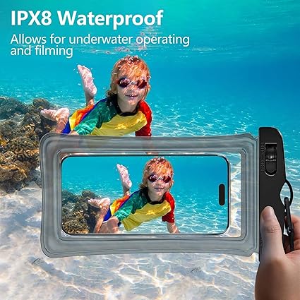 Waterproof Phone Case Small Pouch Beach Dry Bag with Cell Phone Hook Lanyard, Water Proof Phone Protector Gasbag Pouch, Underwater Snorkeling and Swimming Phone Airbag Clear Case (Black)