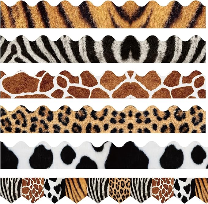 Classroom Bulletin Board Borders Safari Animal Classroom Borders for Wall Decorations DIY Leopard Tiger Cow Print Bulletin Board Sticker for School Jungle Decorations Supplies, 6 Styles (60 Pieces)