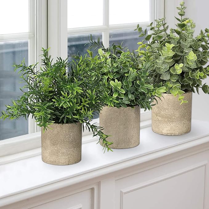 Velener Artificial Potted Rosemary Plants- Rustic Farmhouse Topiary Shrubs for Decoration Centerpieces Living Room, Shelf Bedroom Aesthetic Green Bathroom Accessories Boho Small Desk Plant Office