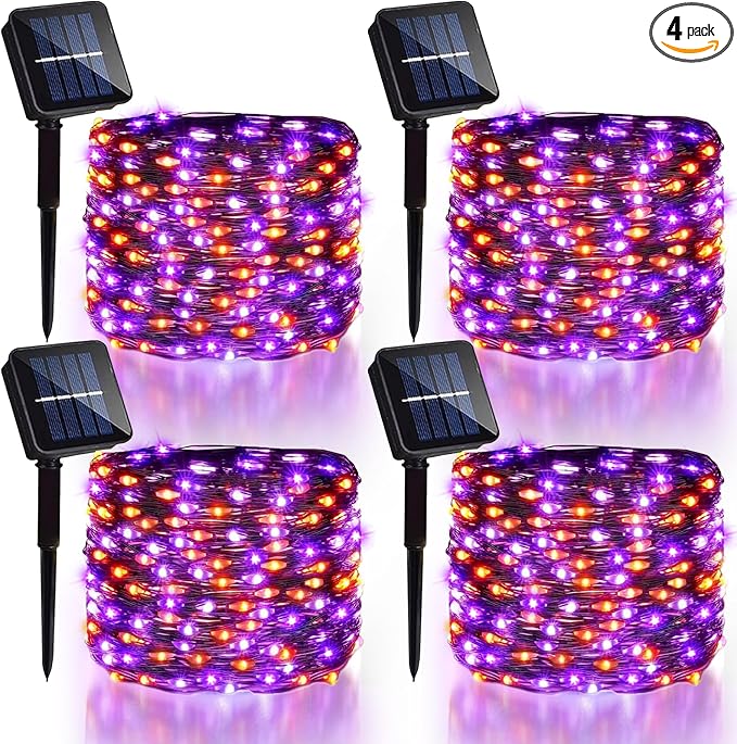 4 Pack Halloween Solar Fairy Lights 131.2Ft 400 LEDs Outdoor Twinkle Lights with 8 Modes, Waterproof Silver Wire String Lights for Garden Patio Party Decorations (Orange Purple)