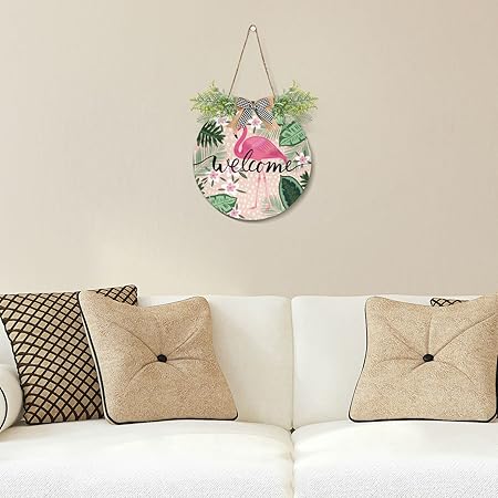 xigua Tropical Pink Flamingo Welcome Sign Front Door Decor, Outdoor Hanging Porch Wreath Interchangeable Seasonal Icons for Farmhouse Wall Home Holida
