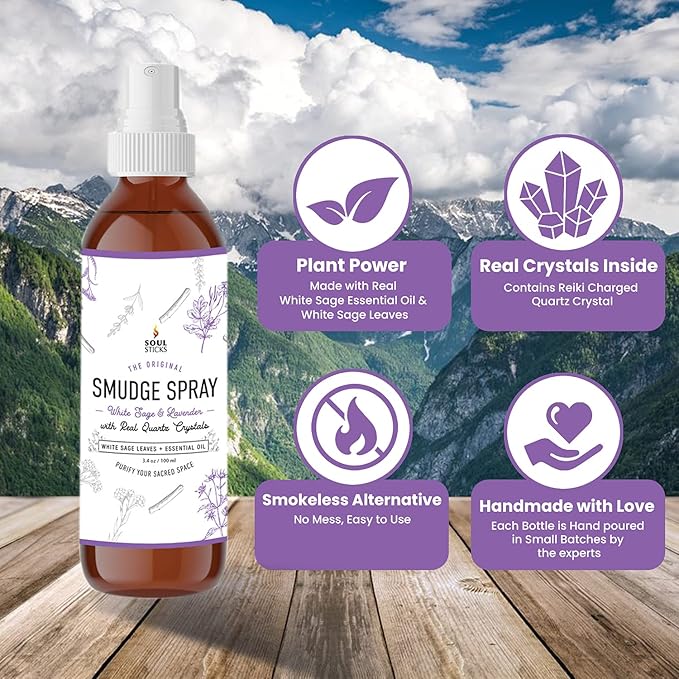 SOUL STICKS White Sage Lavender Smudge Spray 3.5oz Smokeless Mist with Quartz Crystals Calming Essential Oil Spray for Sleep, Stress Relief, Meditation, and Energy Cleansing