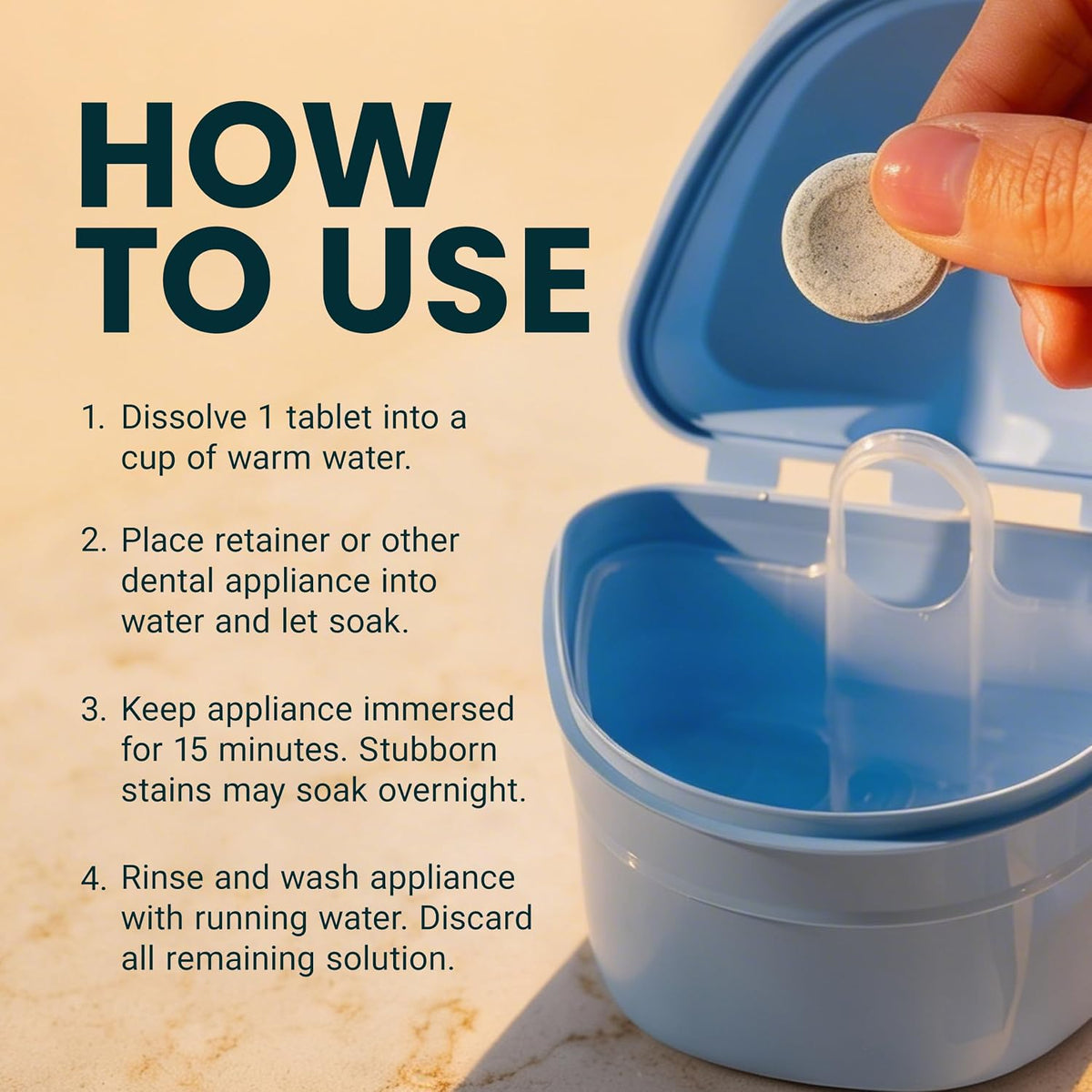 Extra-strength cleaning tablets for dental appliances; remove odors, discoloration, stains, and plaque for a fresh, clear look.