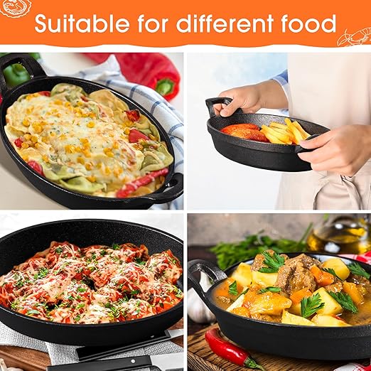 Mifoci 2 Pcs Oval Serving Dish Mini Cast Iron Skillet Cast Iron Baking Pan Sizzling Plate Matte Black Gratin Cookware for Home Restaurant Kitchen Food Service Barbecue (10.8 x 6.1 Inch)
