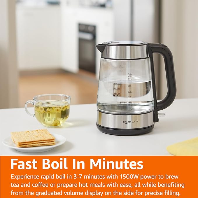 Basics Electric Kettle with Glass Carafe for Tea and Coffee, BPA-Free, Fast Boiling, Auto Shut-Off, 1.8 Quarts, 1500W, Black and Silver