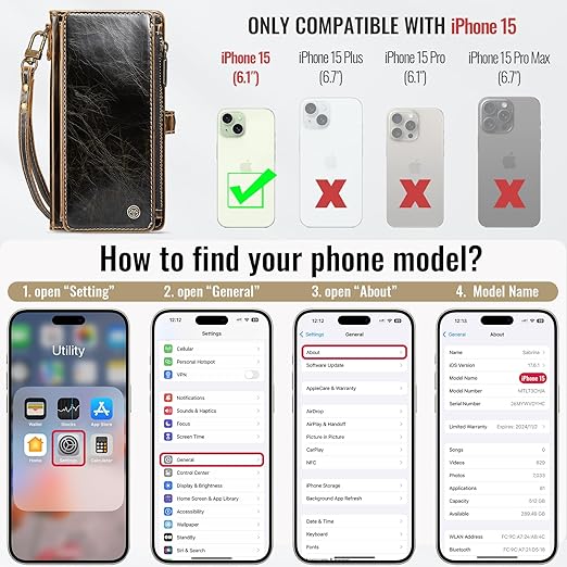 Defencase Compatible with iPhone 15 Case Wallet with RFID Blocking Card Holder for Women and Men, Fashion PU Leather Magnetic Snap Flip Zipper Strap Wallet Phone Case Fit for iPhone 15 6.1", Coffee