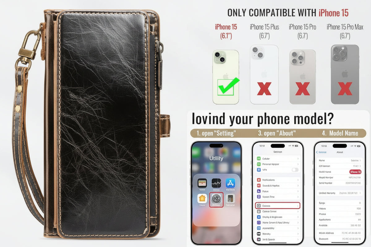 Wallet Case for iPhone 15 (6.1") – PU Leather Flip Case with RFID Card Holder, Magnetic Snap, Zipper Strap, Coffee