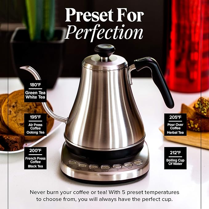 Gooseneck Electric Kettle with Temperature Control - 0.8L Stainless Steel & BPA Free Plastic - Custom Temp Presets for Teas & Coffee - Keep Warm Option