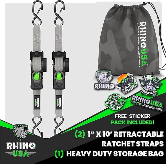 Rhino USA Retractable Ratchet Straps (2-Pack) - 1 Inch x 10 Feet (1,209lb Break Strength) - Heavy Duty Auto Self Retracting Tie Down Straps for Truck, Cargo Trailer, Motorcycle, Rad & More - Gray
