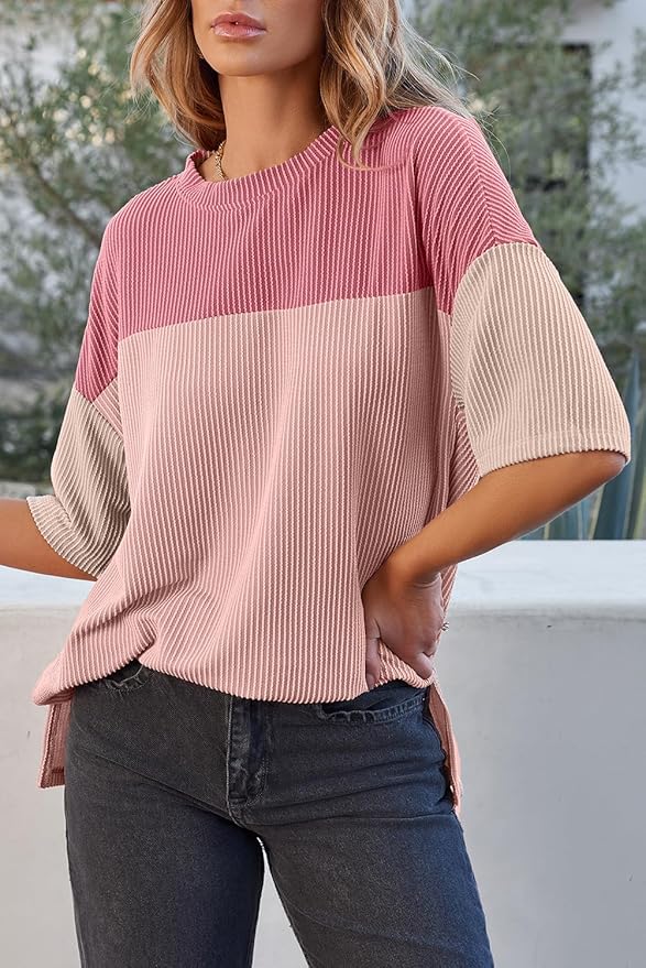 Women's Pink Color Block Half Sleeve Top with Ribbed Side Slits