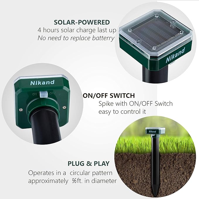 Mole Repellent Stakes 2 Pack - Gopher Repellent Ultrasonic Solar Powered - Sonic Spike Mole and Vole Deterrent for Lawn Garden Yard - Electronic Devices Outdoors Pest Repeller Snakes Rodents Chaser