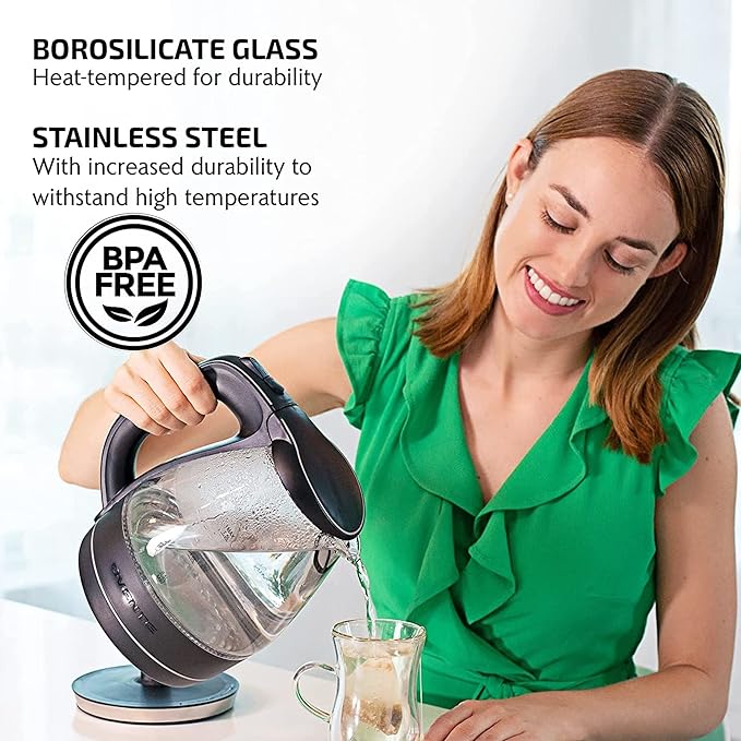 OVENTE Glass Electric Kettle Water Boiler 1.5 Liter Borosilicate Glass Fast Boiling Countertop Heater - BPA Free Auto Shut Off Instant Water Heater Kettle for Coffee Tea Maker - Black KG83B
