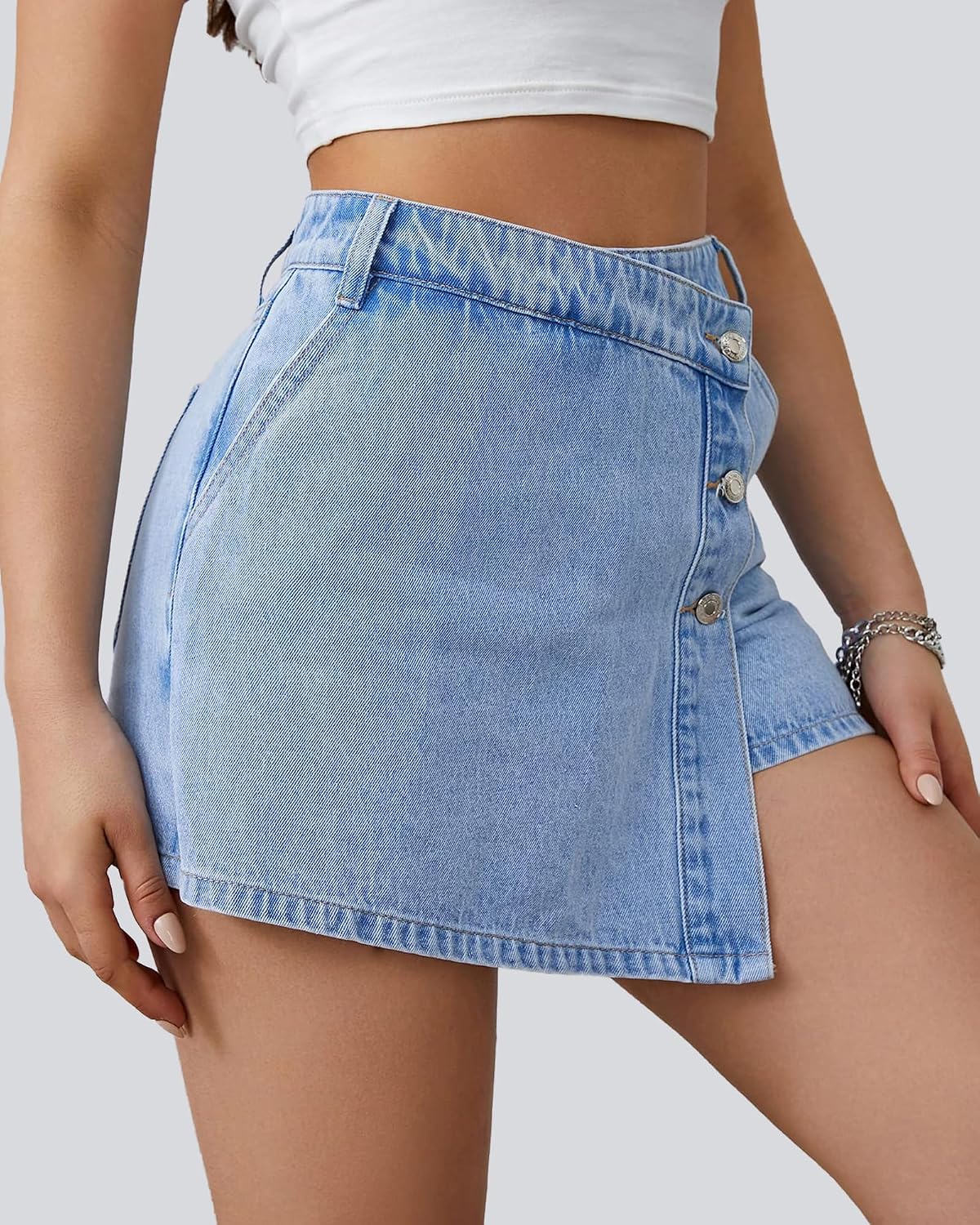 Women's High Waisted Stretchy Denim Skort Casual Asymmetrical Jean Skorts Mini Skirts with Shorts for Summer.