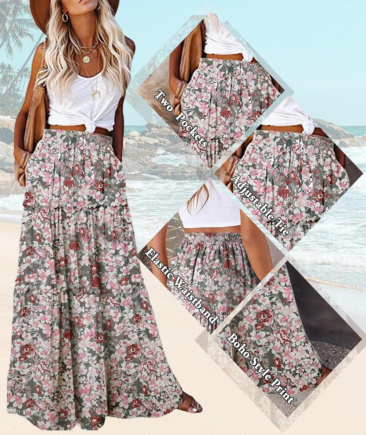 EARKOHA Womens Boho Maxi Skirt 2026 Summer Cruise Casual High Waist Tie Flowy Long Skirt with Pockets For Beach Vacation